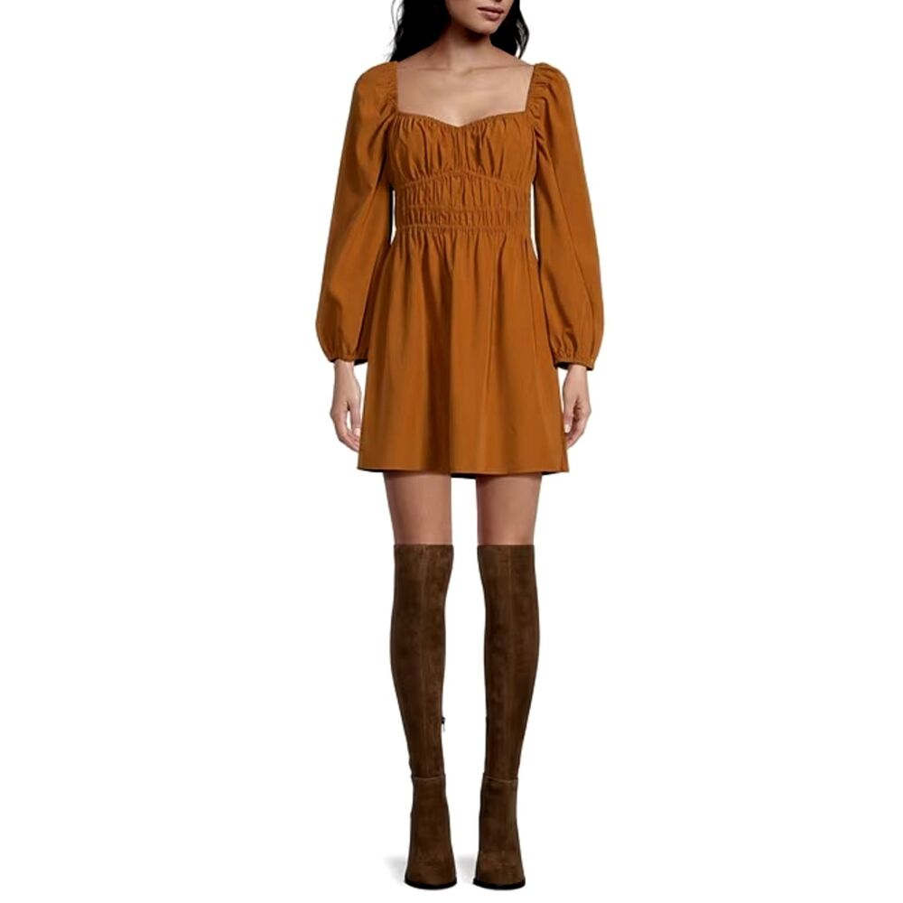 Gianni Bini Shia Ruched Western Chic Maple Brown Baby Doll Dress NWT Sz S